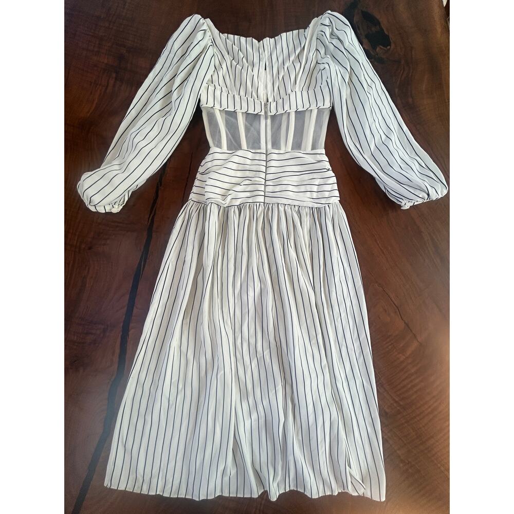 RARE Nafsika Skourti Striped Mesh Corset Dropwaist Midi Dress 4 S Avant Garde - Picture 3 of 10